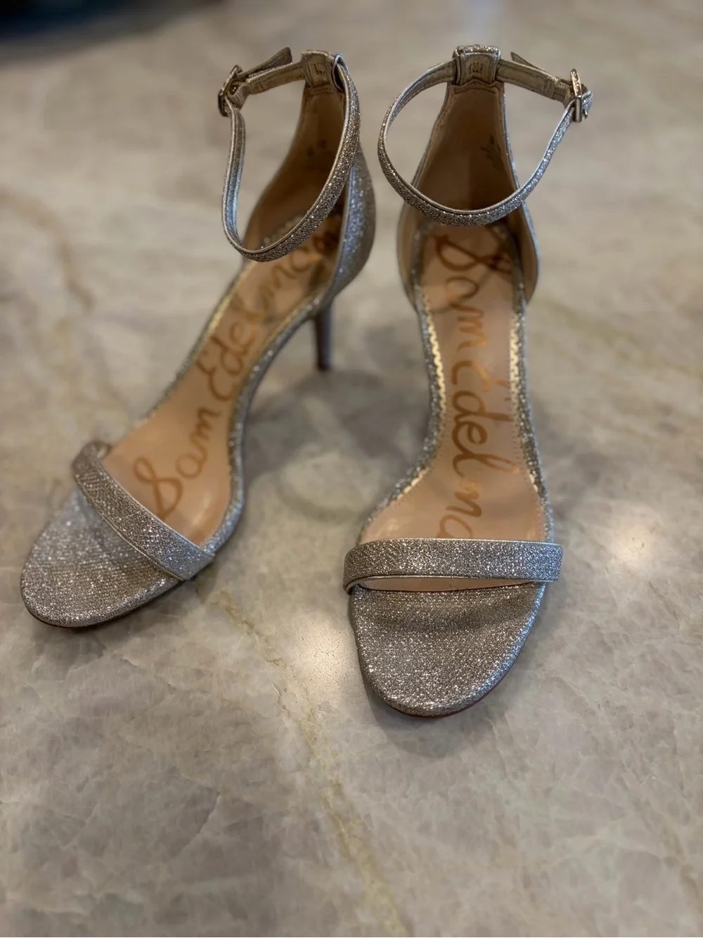 Sam Edelman Patti Silver Glitter Ankle-Strap Heels